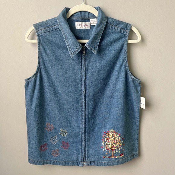 CC Hughes Tops - Vintage‎ Vest Top Women's Medium New NWT Blue Denim Tree Leaves Embrodiery Fall